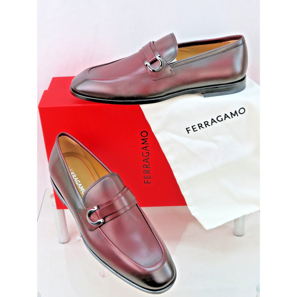 FERRAGAMO BURGUNDY LEATHER FLORIO GANCINI BIT LOGO LOAFERS 8 EE US 9 - Picture 3 of 10
